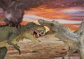 Tyrannosaurus rex fighting with spinosaurus in the foreground with erupting volcano in the background