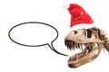 Tyrannosaurus Rex head with Christmas hat and snow flakes. blank thought ballon on white isolated.