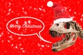 Tyrannosaurus Rex head with Christmas hat and snow flakes. thought ballon with merry christmas text on red background.