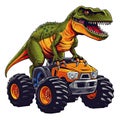 Tyrannosaurus rex on a monster truck. TRex Riding Monster Truck clipart, AI Generated