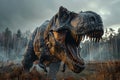 Tyrannosaurus rex in moody lighting ultra wide angle realism in photorealistic image