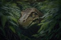 tyrannosaurus rex prowling through dense jungle, its yellow eyes scanning for prey Royalty Free Stock Photo