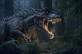 Tyrannosaurus Rex is roaring in pine forest at night time . Created by generative AI
