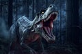 Tyrannosaurus Rex is roaring in pine forest at night time . Created by generative AI