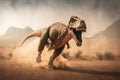 tyrannosaurus rex running on dusty plain, its long tail swinging behind it