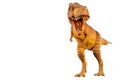 Tyrannosaurus rex T-rex is walking and open mouth and copy space on left site . Front view . Black isolated background .