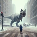 Tyrannosaurus Rex wanders the streets of a wintery city