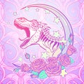 Tyrannosaurus roaring with moon and roses frame
