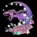 Tyrannosaurus roaring with moon and roses frame isolated on black