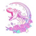 Tyrannosaurus roaring with moon and roses frame on white