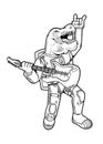 Tyrannosaurus rock star play on guitar in space suit