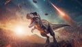 Tyrannosaurus running from falling meteors and comets. Immense asteroid collision causing the extinction of the dinosaurs millions Royalty Free Stock Photo