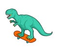 Tyrannosaurus on skateboard. Dino Skateboarder. T Rex. Prehistoric lizard monster riding longboard