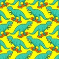 Tyrannosaurus on skateboard pattern seamless. Dino Skateboarder background. T Rex texture. Prehistoric lizard monster riding