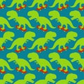 Tyrannosaurus on skateboard pattern seamless. Dino Skateboarder background. T Rex texture. Prehistoric lizard monster riding