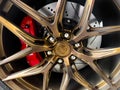 Tyre and alloy wheel. Modern brakes. Car exterior details. Car alloy wheel. New alloy wheel for a car. Alloy rim wheel disc