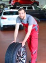 Tyre change on the car in a workshop by a mechanic Royalty Free Stock Photo