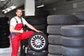 Tyre change on the car in a workshop by a mechanic Royalty Free Stock Photo