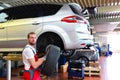 Tyre change on the car in a workshop by a mechanic Royalty Free Stock Photo