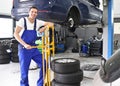 Tyre change in a workshop - portrait mechanic with stack of tyre
