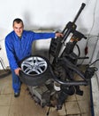 Tyre changing machine, mechanic fixing tire in car service