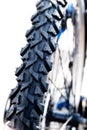 Tyre from a mountain bike against a white background, detail close up, vertical Royalty Free Stock Photo