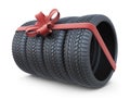 Tyre with a red ribbon. Gift. 3D Icon on white