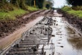 tyre tracks on muddy road with skid marks