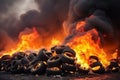 Burning old tires at a recycling dump. Black smoke from a tire fire. Wheel tire processors. Air pollution
