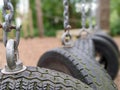 Tyres hanging on chains in an obstacle course Royalty Free Stock Photo