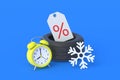 Tyres near snowflake, alarm clock and label with percent symbol