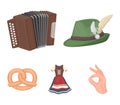 Tyrolean hat, accordion, dress, pretzel. Oktoberfest set collection icons in cartoon style vector symbol stock