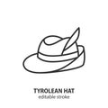 Tyrolean hat line icon. Hunter hat with feather vector symbol. German traditional accessory. Editable stroke