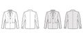 Tyrolean jacket tuxedo technical fashion illustration with long sleeves, stand lapel collar, welt pockets. Flat Austrian