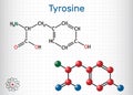 Tyrosine, L-tyrosine, Tyr, C9H11NO3 amino acid molecule. It plays role in protein synthesis, it is precursor for synthesis of