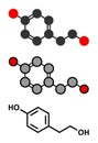 Tyrosol olive oil antioxidant molecule. Stylized 2D renderings and conventional skeletal formula.