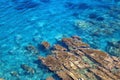 Tyrrhenian coast in Sicily, Cefalu. Bright blue deep sea with big stone in water Royalty Free Stock Photo