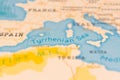 Tyrrhenian Sea in Focus on a Tilted World Map.