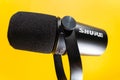 Tyumen, Russia-April 09, 2022: Professional microphone Shure logo mv 7. Shure Incorporated is an American corporation