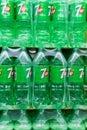 Tyumen, Russia-april 21, 2021: 7 Up plastic bottles drink display on the supermarket shelves. 7 Up is a brand of lemon