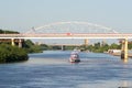 Tyumen, Russia, on August 16, 2018: The small Admiral motor ship with tourists onboard, floats down the river Tura in Tyumen