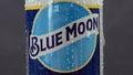 Tyumen, Russia-December 23, 2020: Blue Moon can belgian white beer, brewed by MillerCoors. selective focus