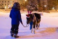 Tyumen, Russia - December 29, 2019: Man with little pony wearing red deer horns, Santa Claus red hat and Christmas decorations. Royalty Free Stock Photo