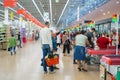 Tyumen, Russia-January 5, 2020: interior of Auchan hypermarket shopping in hypermarkets Royalty Free Stock Photo