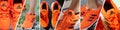 Tyumen, Russia-January 21, 2023: Running orange sneakers adidas, Adidas, a multinational company. Collage, banner, wide