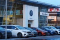 Tyumen, Russia-January 25, 2024: Volkswagen logo car stands out with a dusting of hood, signaling a in the city. Royalty Free Stock Photo