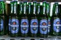 Tyumen, Russia-July 12, 2020: Heineken non-alcoholic beer on the shelves of a hypermarket