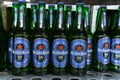 Tyumen, Russia-July 12, 2020: Non-alcoholic version of Heineken glass bottles 0.0 beer