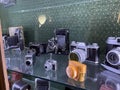 Tyumen, Russia-July 28, 2022: Old retro cameras, an exhibition of old photo accessories. The history of photography Royalty Free Stock Photo