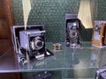 Tyumen, Russia-July 28, 2022: Old retro cameras in the museum, an exhibition of old photo accessories. The history of